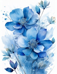 Watercolor painting of cute flowers, splashes of blue color. Beautiful nature. Botanical artwork.
