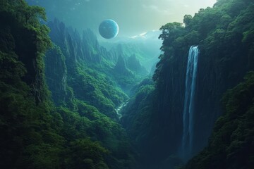 Vibrant colors of the Earth globe stand out in a breathtaking waterfall setting, making for a great Earth Day poster