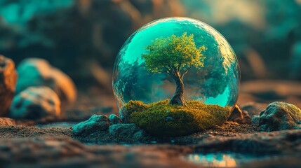 The globe concept is a representation of the world environment and Earth Day, characterized by a glass globe and a setting that promotes eco-friendly practices, nature conservation, and environmental