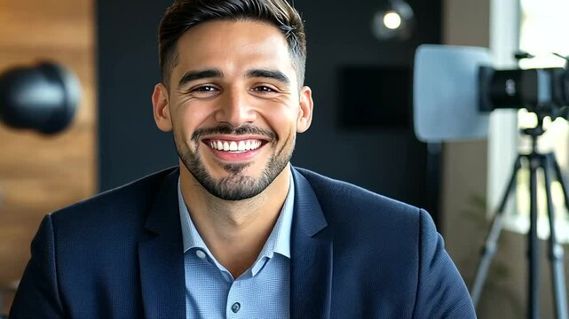 Professional yet relaxed young man recording a video testimonial with a confident smile, sleek modern office d&eacute;cor and contemporary lighting casting a warm ambiance around him