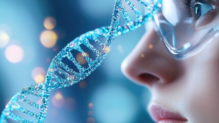 DNA Biologist examining DNA strands under a microscope, investigating genetic inheritance patterns.