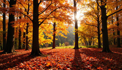 Fototapeta premium Autumn forest landscape with sunlight filtering through trees 