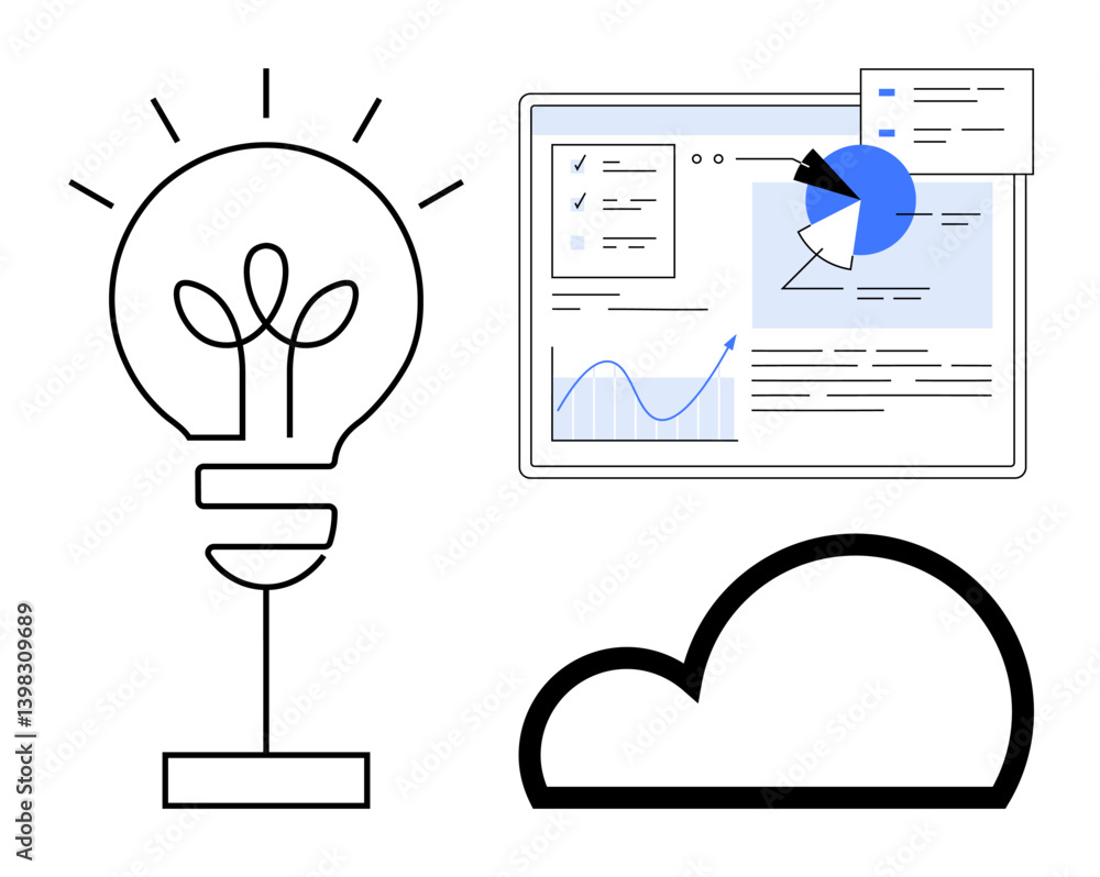 Poster lightbulb representing ideas, digital screen with charts and data for analysis, cloud for connectivi