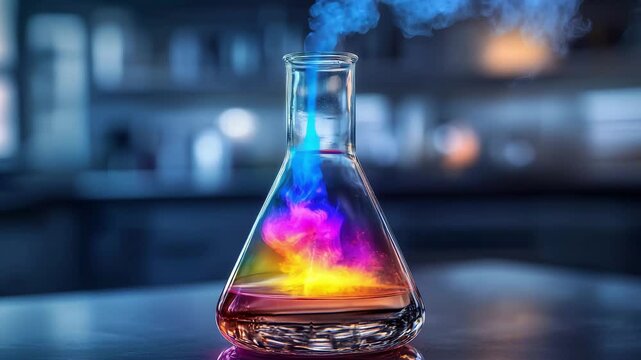A glass flask releases colorful smoke in a chemistry laboratory, showcasing a mix of colors against a blurred background