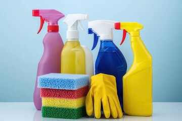 Symmetrical arrangement of cleaning tools like sprays, sponges, and gloves on a bright surface, household maintenance focus.