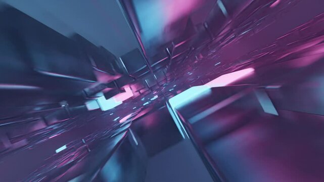 A sci-fi inspired VJ loop featuring rotating metal cubes surrounded by soft blue fog and radiant blue and pink bloom effects. The loop creates a futuristic, ambient atmosphere.