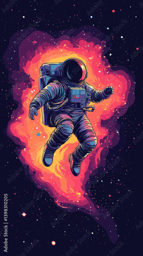 Poster fearless astronaut floating in colorful nebula minimalist svg vector design