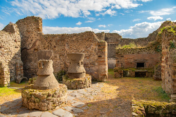 The famous antique site of Pompeii, Naples destroyed by the eruption of Volcano Mount Vesuvius. Ruins of Pompeii, Campania, Italy, Europe. UNESCO World Heritage Site. Archaeological Park