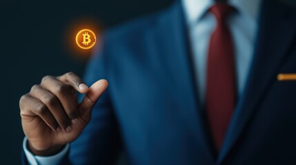Businessman with virtual bitcoin concept in dark room