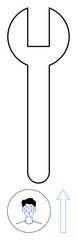 Large wrench above face scan icon and upward arrow. Ideal for repair, technology, progress, development, analysis, optimization, innovation. Abstract line flat metaphor