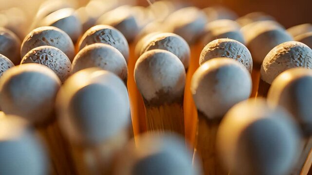 Macro Closeup of Matchstick Heads in a Group with Sulfur Tips and Warm Lighting Showing Detailed Wooden Texture

