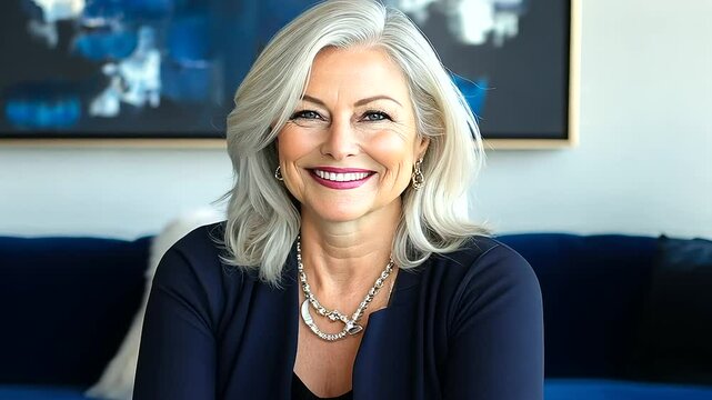 Smiling middle-aged woman leaning on a luxurious royal blue couch, surrounded by elegant decor, glass coffee table, and a large art piece adorning the bright and airy living room