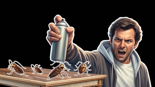 An angry man sprays Sulfuryl Fluoride from a can at his home on cockroaches running away in terror. Pest control concept. Empty space for text. Smooth animation on transparent background