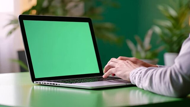 Stylish remote teaching setup with an adult instructor adjusting a green screen backdrop, prepping interactive quiz slides on their laptop, ready to engage students