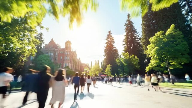 Crowd of individuals strolls through a lively urban park surrounded by lush trees and historic architecture on a sunny day