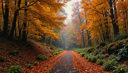 Fototapeta premium Autumn forest path with vibrant foliage and misty ambiance 