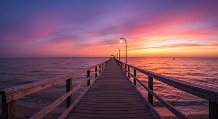 Fototapeta premium Wooden Pier Extending Into Ocean During Sunset with Pink Orange and Purple Sky