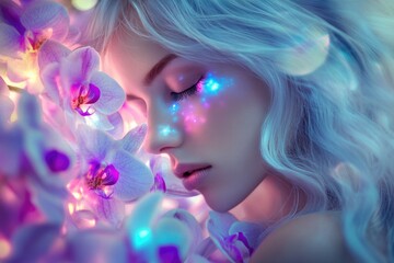 Naklejka premium A dreamy portrait of a woman with blue hair, adorned with glowing makeup and surrounded by luminous orchids.