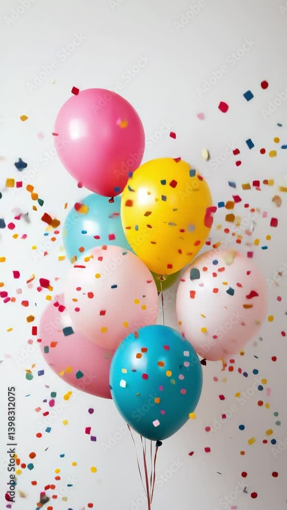 Poster colorful balloons float against a white backdrop with scattered confetti, creating a festive atmosph