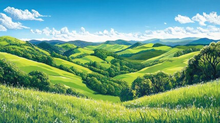 Obraz premium A serene green meadow with rolling hills under a bright blue sky, --ar 16:9 --v 6.1 Job ID: 2d5ac52e-8350-46e1-ac94-d7e893cb75cf