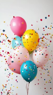 Colorful balloons float against a white backdrop with scattered confetti, creating a festive atmosphere ideal for celebrations and gatherings