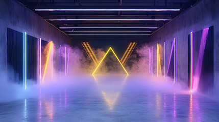 Neon Lights Tunnel With Triangle Shape And Smoke