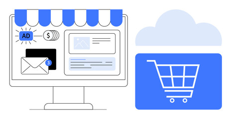 Desktop monitor displaying ads, email, payment, and website visuals next to a cloud-backed shopping cart. Ideal for e-commerce, marketing, cloud storage, online business, digital payments