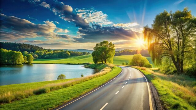 Serene Sunset Drive Along a Picturesque Lake and Rolling Green Hills with Lush Foliage