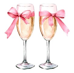 Champagne Toast: Two elegant champagne flutes, each adorned with a delicate pink bow, are filled with effervescent champagne, symbolizing celebration, joy, and special occasions. 