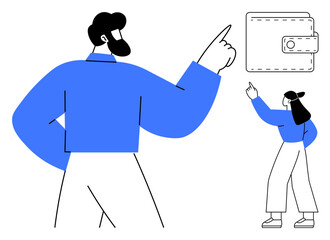 Two individuals pointing at a wallet, emphasizing focus on budget, savings, finance, goals, and awareness. Ideal for finance, budgeting, planning saving concepts education teamwork flat simple