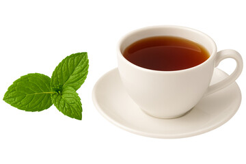 Refreshing Hot Mint Tea in White Ceramic Cup with Green Peppermint Leaves on Transparent Background – Herbal Beverage Concept for Health, Relaxation, and Wellness