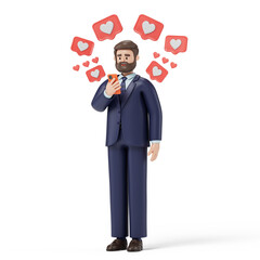 Man on phone surrounded by heart symbols, symbolizing social media likes and approval. 3D rendering, conceptual image. Isolated on white background.
