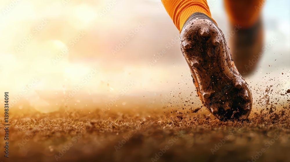 Poster dynamic close-up of soccer player running on field
