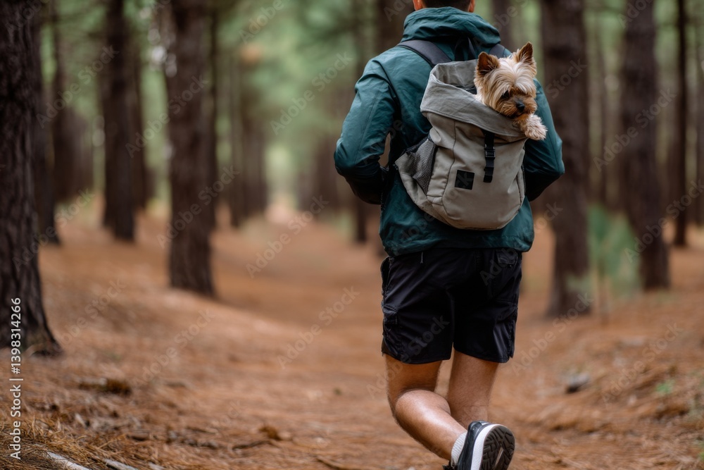 Leinwandbilder a man enjoys a jog on a pine forest trail, celebrating nature while carrying his small dog in a back