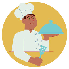 Flat vector illustration of a smiling chef wearing a classic white uniform and tall chef hat, proudly holding a gourmet dish. Perfect for food blogs, restaurant branding, or culinary content.