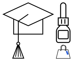 Graduation cap signifies education, nail polish bottle represents beauty, and shopping bag implies retail. Ideal for themes in education, fashion, self-care, retail industry, lifestyle, achievements