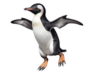Obraz premium Dynamic penguin mid-jump, A vibrant portrait of wildlife motion, celebrating nature's agility and capturing the essence of this unique bird in playful action against a serene void