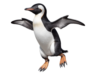 Dynamic penguin mid-jump, A vibrant portrait of wildlife motion, celebrating nature's agility and capturing the essence of this unique bird in playful action against a serene void