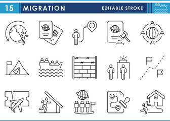 A set of line icons related to Migration. Migrate, shift, country, boarder, passport, refugee, and so on. Vector editable stroke.