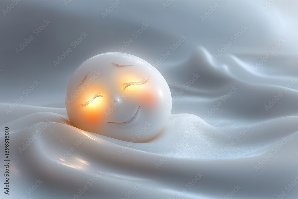 Poster Soft glowing character relaxing on a gentle surface with a happy expression in serene ambiance