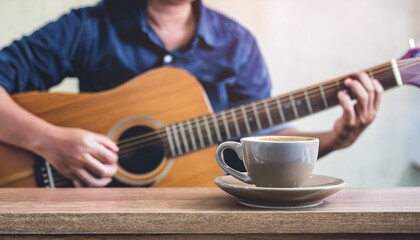 Fototapeta premium A cup of coffee and hands playing a guitar