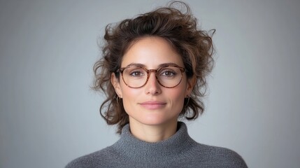 Fototapeta premium A professional woman with glasses looking at the camera, short curly hair, wearing a grey turtleneck, neutral background, and confident expression.
