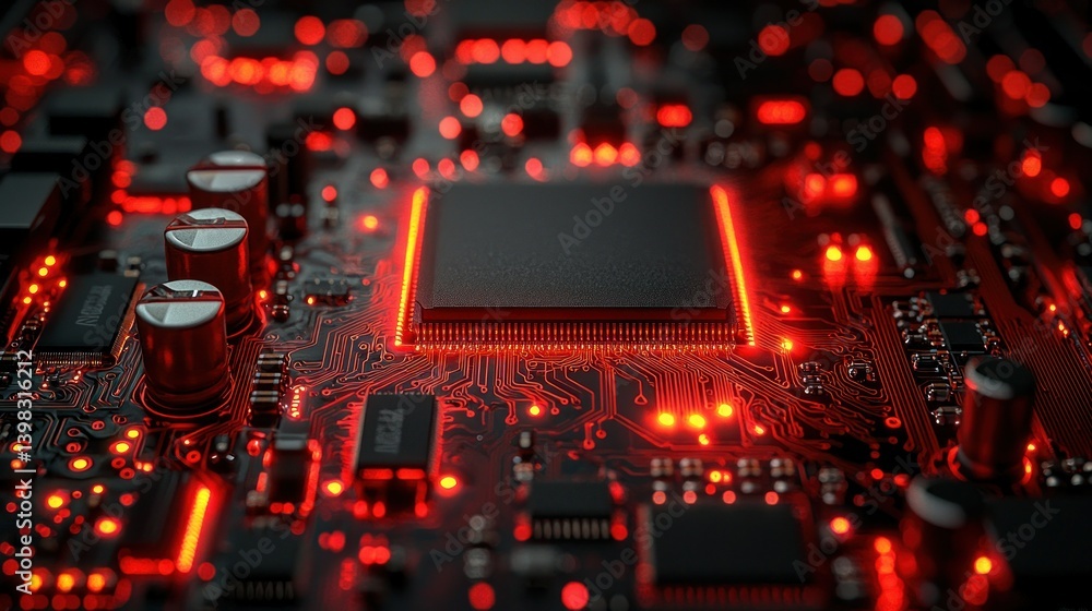 Poster illuminated circuit board: a close-up of a computer chip's intricate design