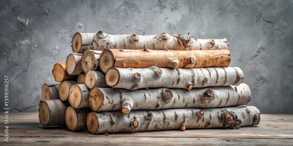 Poster a neatly stacked pile of birch logs rests on a rustic wooden surface against a textured gray backdro
