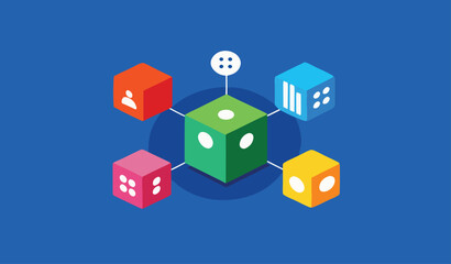 Colorful dice on blue background, Business icons, Green cubes with graph symbols, White cubes with people icons, Red cube with speech bubble, Minimalist composition, Concept of teamwork and analytics