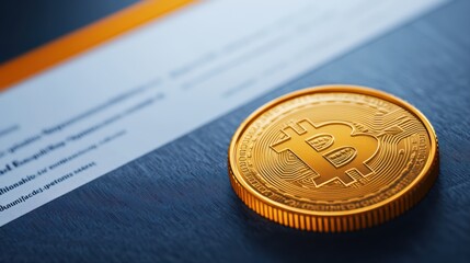 Golden bitcoin coin on wooden table with document