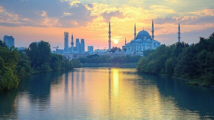 Naklejka premium Sunset Serenity: Majestic Mosque by the River