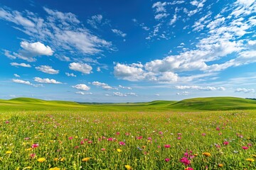 Fototapeta premium Green Wildflower Meadow under Bright Blue Sky and Clouds