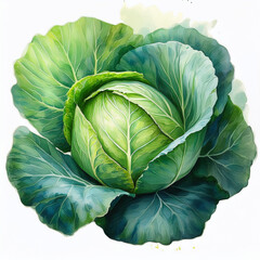 Obraz premium Watercolor painting of fresh green cabbage. Healthy farm vegetable. Vegan, organic food.