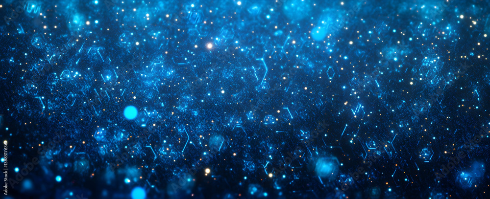 Poster blue background with glowing digital circuit board patterns and stars